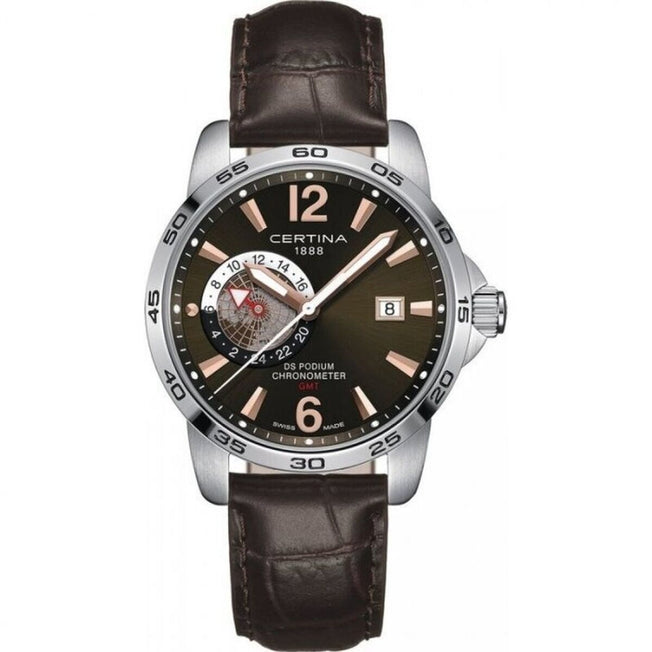 Horloge Heren Certina DS PODIUM GMT AUTOMATIC SS LEATHER BLACK SILVER COSC (CONTRôLE OFFICIEL SUISSE DES CHRONOMèTRES) (Ø 41 mm)